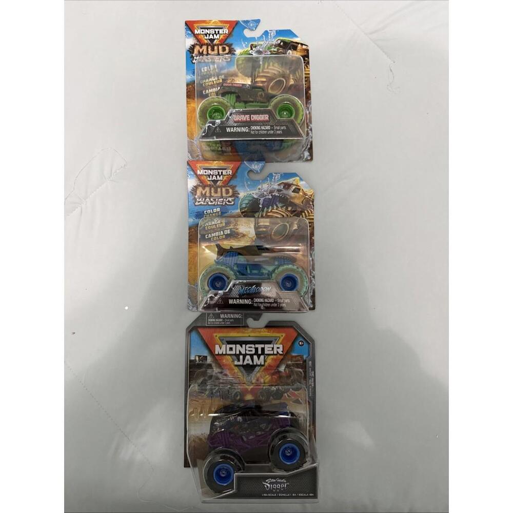 Lot of 3 2025 Spin Master Monster Jam Mud Blasters Megalodon Grave Digger & Son